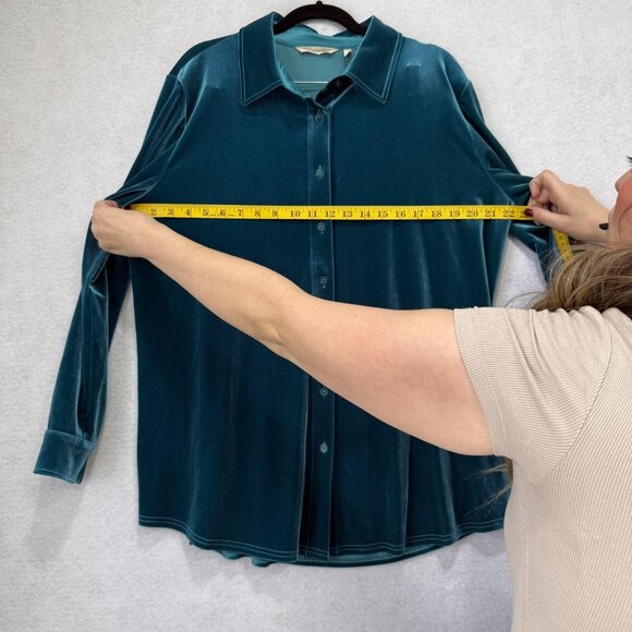 Soft Surroundings Shirt Womens Large Teal Blue Velvet Button Front Long Sleeve - Picture 4 of 10